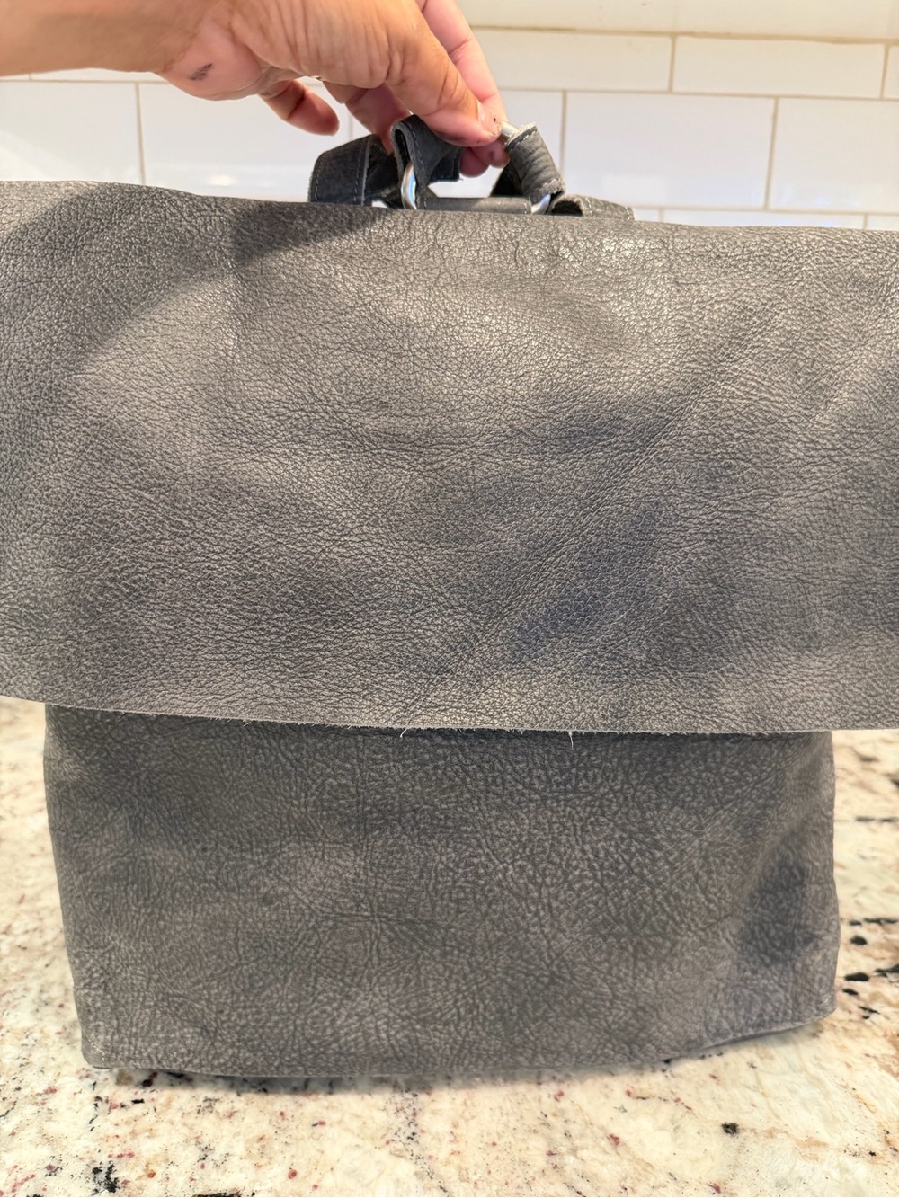 Eileen Fisher Gray Fold-Over Leather Backpack - Picture 5 of 15